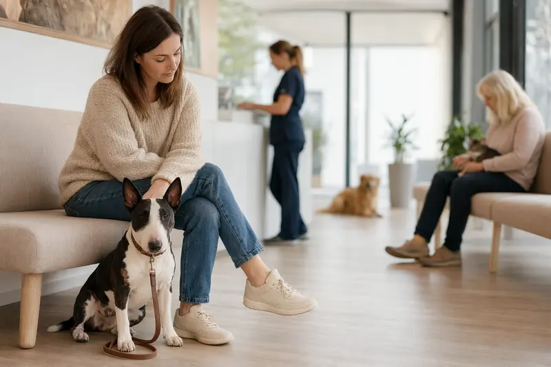 Ein Miniaturbullterrier sitzt ruhig neben seinem Besitzer im hellen Wartezimmer einer modernen Tierarztpraxis.